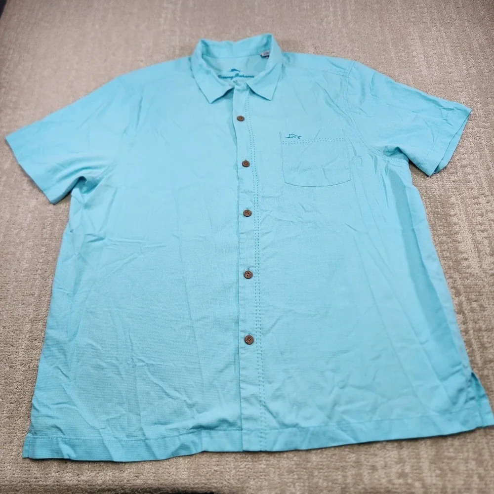 Tommy Bahama Shirt‎ Men XL Silk Performance Blend Blue Loop Collar Button Up